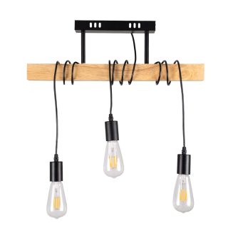 GloboStar® JOLLY 00605 Vintage Κρεμαστό Φωτιστικό Οροφής Τρίφωτο Μαύρο Μεταλλικό Ξύλινο Καμπάνα Μ55 x Π6 x Υ30cm έως Y115cm max