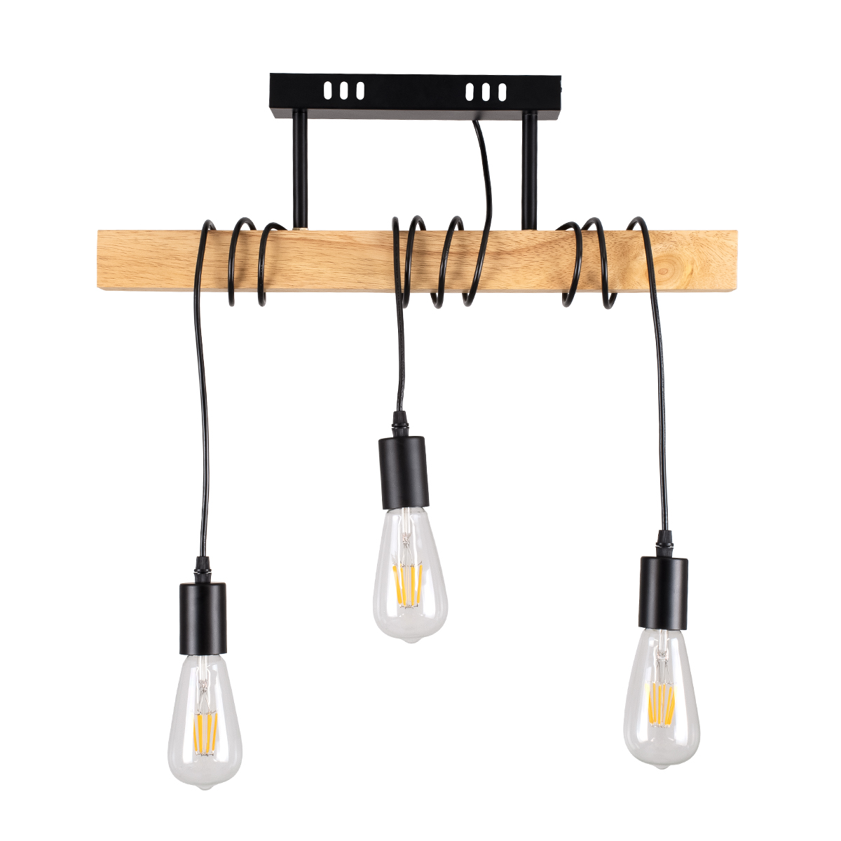 GloboStar® JOLLY 00605 Vintage Κρεμαστό Φωτιστικό Οροφής Τρίφωτο Μαύρο Μεταλλικό Ξύλινο Καμπάνα Μ55 x Π6 x Υ30cm έως Y115cm max