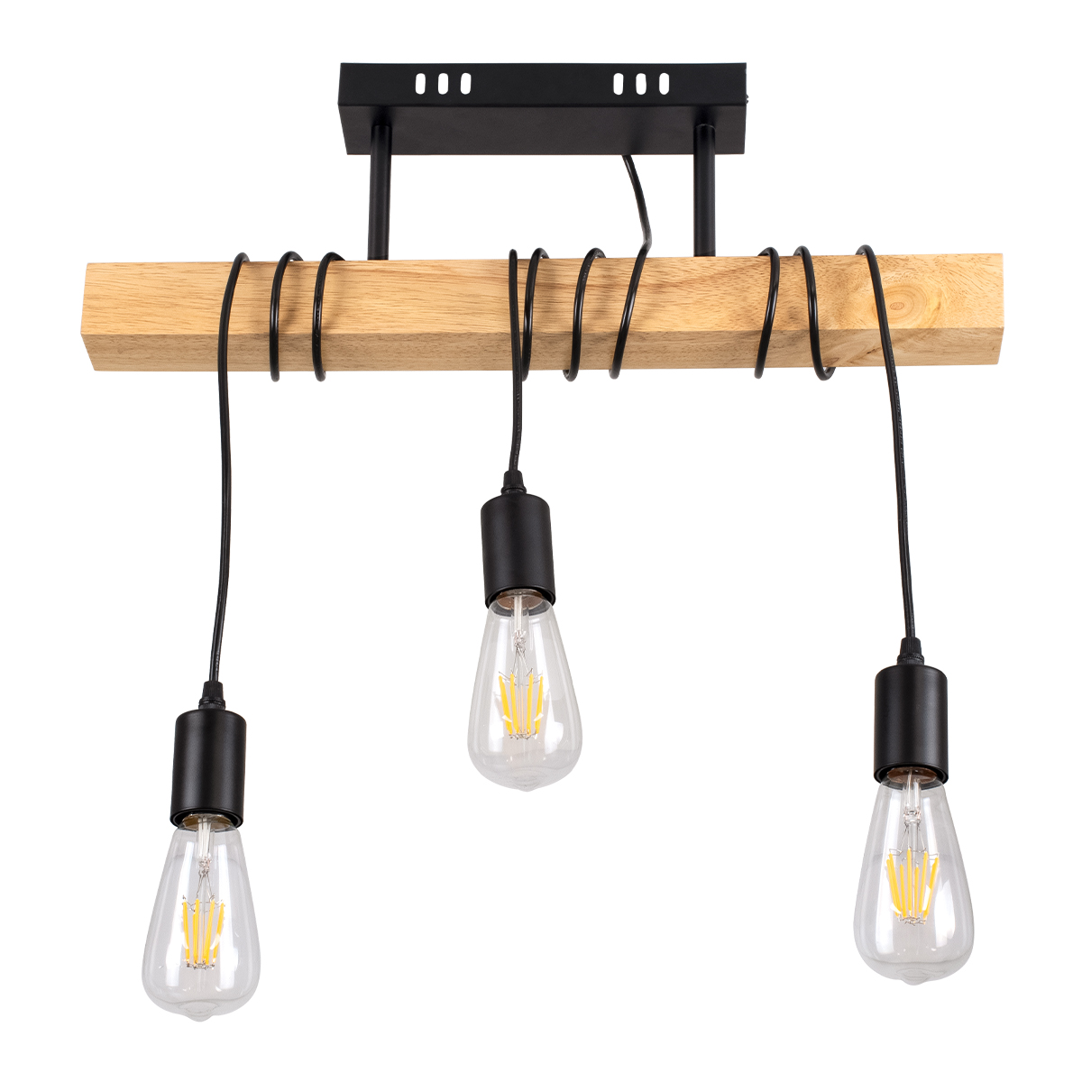 GloboStar® JOLLY 00605 Vintage Κρεμαστό Φωτιστικό Οροφής Τρίφωτο Μαύρο Μεταλλικό Ξύλινο Καμπάνα Μ55 x Π6 x Υ30cm έως Y115cm max - Image 4