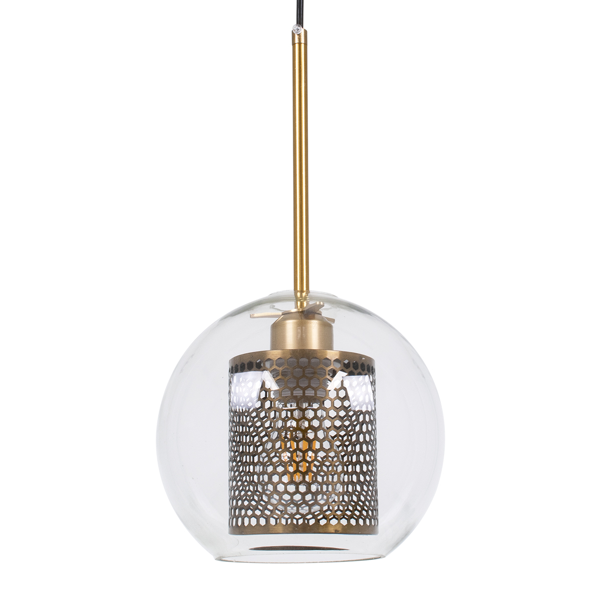 GloboStar® AVERY 00739 Μοντέρνο Κρεμαστό Φωτιστικό Οροφής Μονόφωτο Διάφανο Γυάλινο με Χρυσό Μεταλλικό Πλέγμα Φ18 x Υ38cm