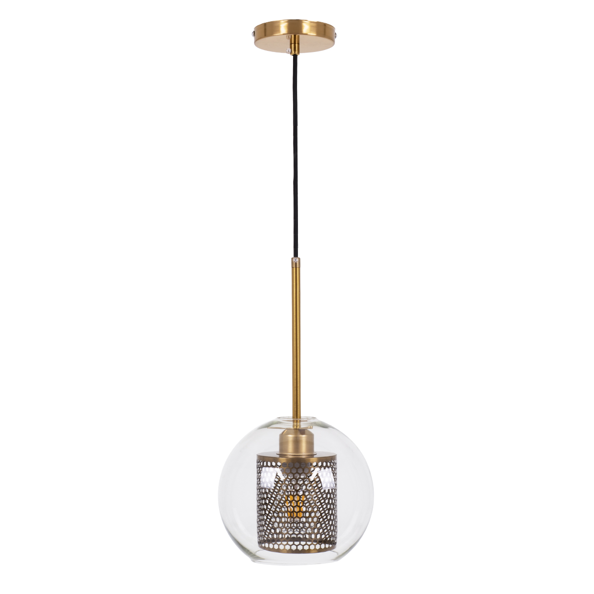 GloboStar® AVERY 00739 Μοντέρνο Κρεμαστό Φωτιστικό Οροφής Μονόφωτο Διάφανο Γυάλινο με Χρυσό Μεταλλικό Πλέγμα Φ18 x Υ38cm - Image 4