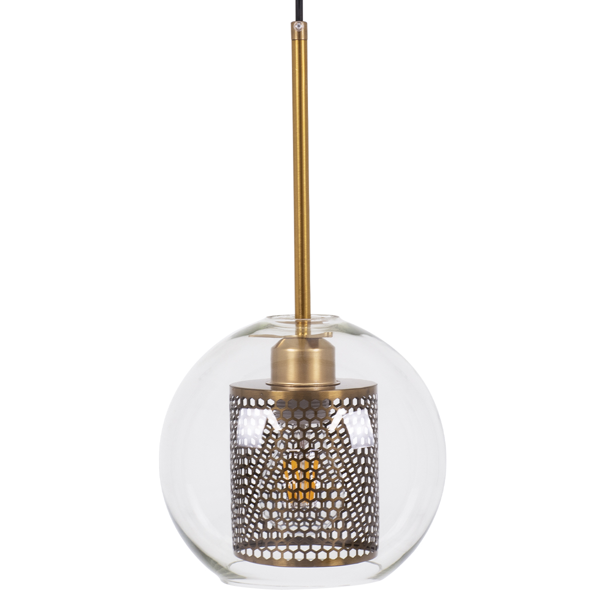 GloboStar® AVERY 00739 Μοντέρνο Κρεμαστό Φωτιστικό Οροφής Μονόφωτο Διάφανο Γυάλινο με Χρυσό Μεταλλικό Πλέγμα Φ18 x Υ38cm - Image 5