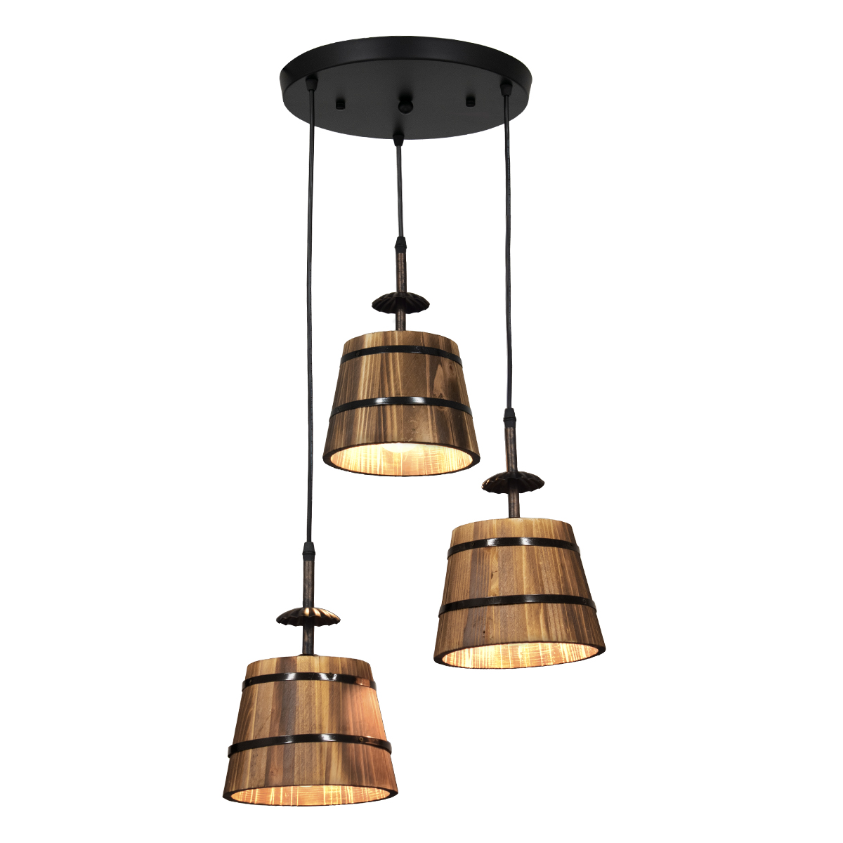 GloboStar® CEBU 00888 ΣΕΤ Vintage Κρεμαστό Φωτιστικό Οροφής Τρίφωτο Μεταλλικό Ξύλινο Φ40 x Y210cm