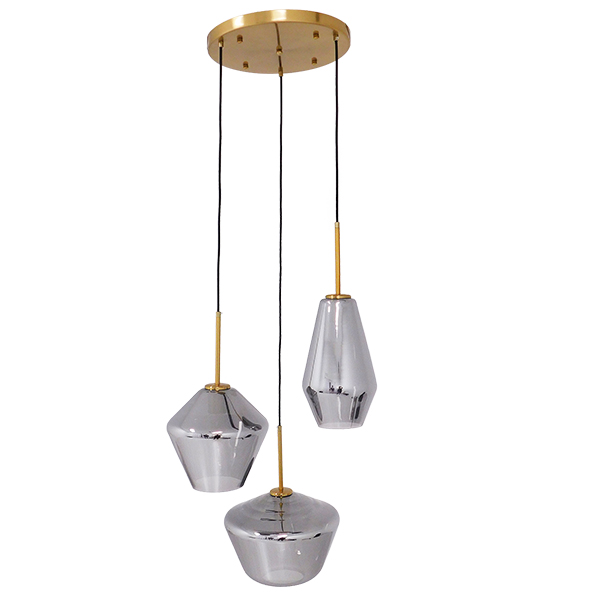 GloboStar® AMARIS 00976 Μοντέρνο Κρεμαστό Φωτιστικό Οροφής Τρίφωτο Γυάλινο Φιμέ Νίκελ Φ50 x Υ30cm