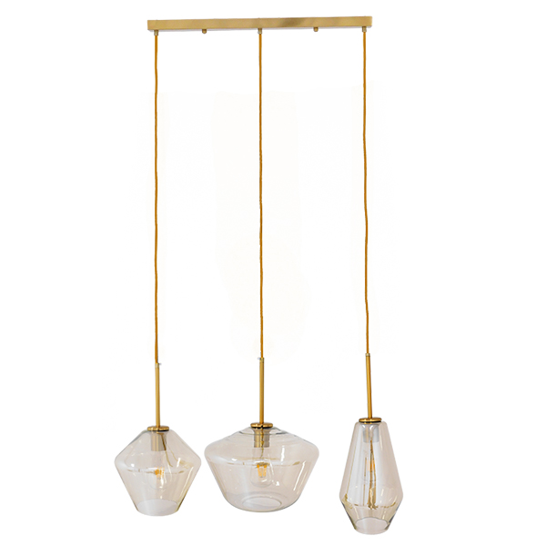 GloboStar® AMARIS 00977 Μοντέρνο Κρεμαστό Φωτιστικό Οροφής Τρίφωτο Γυάλινο Φιμέ Μελί Μ75 x Π30 x Υ30cm