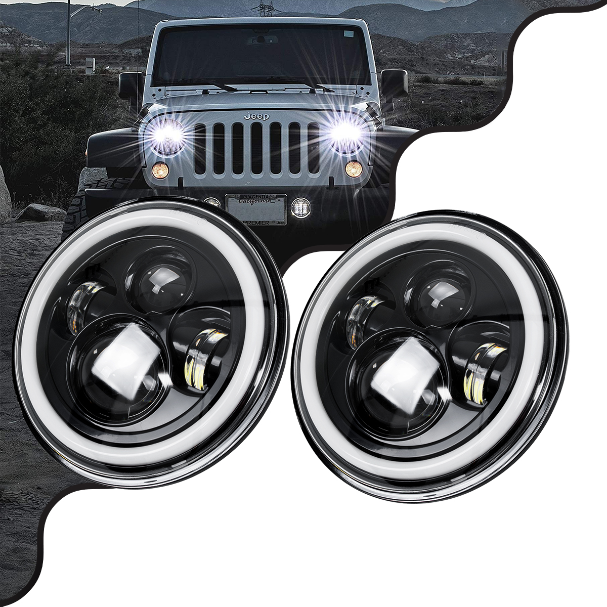 GloboStar® 85417 Σετ 2 x Φανάρια JEEP WRANGLER 7'' Ιντσών Βασικού Φωτισμού H/L με Ring Light DRL & Φλας LED CREE CXB COB 160W 12000lm DC 12V Αδιάβροχα IP66 Πορτοκαλί & Ψυχρό Λευκό 6000K - Image 2