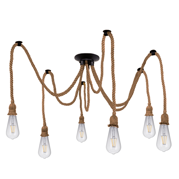 GloboStar® ATROX 01547 Vintage Φωτιστικό Οροφής Πολύφωτο Μαύρο με 6x2 Μέτρα Μπεζ Σχοινί