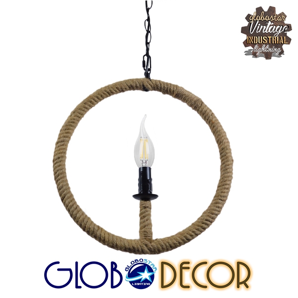 GloboStar® HUNTER 10001111 Vintage Industrial Κρεμαστό Φωτιστικό Οροφής Μονόφωτο Μαύρο Μεταλλικό με Μπεζ Σχοινί Φ33 x Y33cm - Image 3