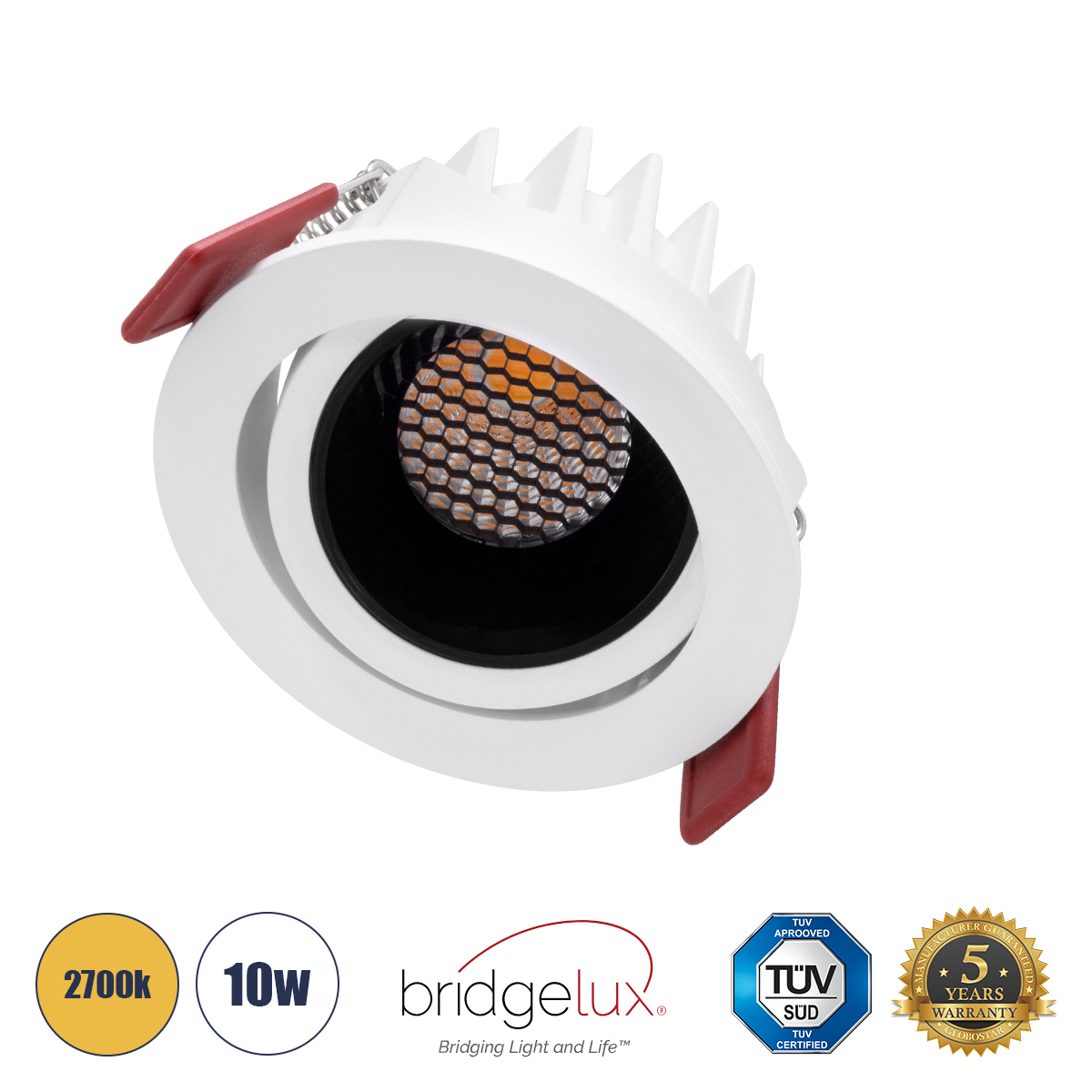 GloboStar® LEO-R 60283 Χωνευτό LED Spot Downlight TrimLess Φ8.5cm 10W 1250lm 38° AC 220-240V IP20 Φ8.5 x Υ6.6cm - Στρόγγυλο - Κινούμενο - Λευκό με Μαύρο Κάτοπτρο & Anti-Glare HoneyComb - Θερμό Λευκό 2700K - Bridgelux COB - 5 Years Warranty - Image 2