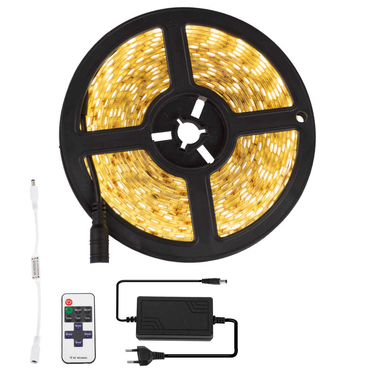 GloboStar® 70412 Σετ Ταινία LED 5m 72W/5m 12V 60LED/m 5050 SMD 1497lm/m 120° Αδιάβροχη IP65 με Ασύρματο Χειριστήριο RF 2.4Ghz και Τροφοδοτικό Θερμό Λευκό 3000K Dimmable - Image 2