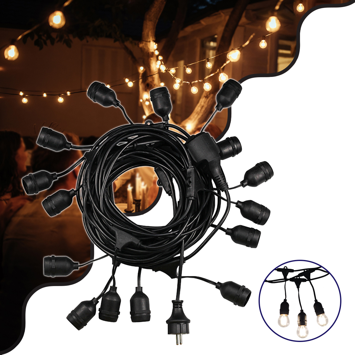 GloboStar® 78983 Καλωδιογιρλάντα PVC 10 Μέτρων με 15 Ντουί E27 με Πρίζα Schuko Επεκτεινόμενη Αδιάβροχη IP65 - Image 2