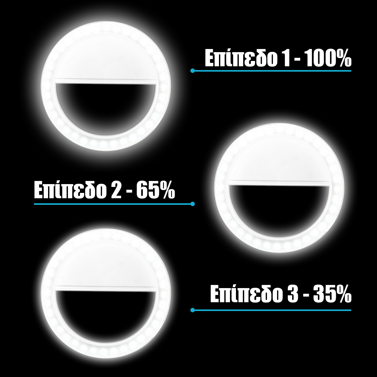 GloboStar® 79042 Selfie Ring Light LED SMD 2W 200 lm Λευκό Σώμα με Ενσωματωμένη Επαναφορτιζόμενη Μπαταρία 500mAh & Καλώδιο Φόρτισης Micro USB Ψυχρό Λευκό 6000 K για Κινητό Τηλέφωνο και Tablet Φ8.5 x Υ2.5cm - Image 2