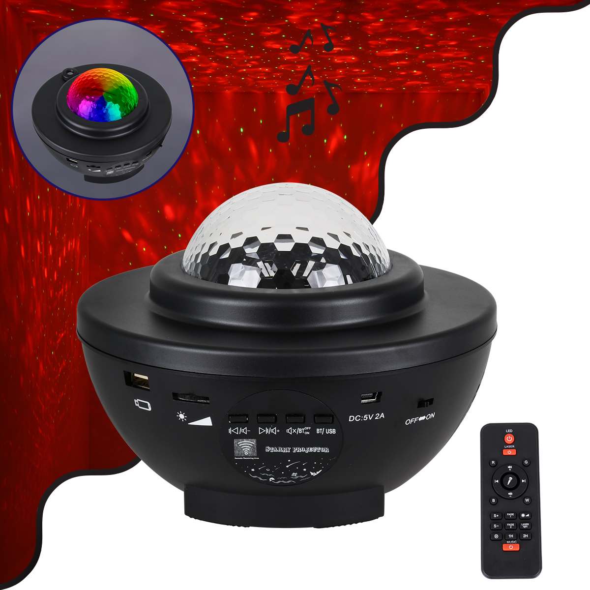 GloboStar® 85817 Μαύρο Επιτραπέζιο Διακοσμητικό Φωτιστικό Ειδικών Εφε NIGHT GALAXY WORLD 3D LED 10W DC 5V 2200mAh Επαναφορτιζόμενο με Bluetooth Speaker - Sound Activated - Καλώδιο Τροφοδοσίας USB και Ασύρματο Χειριστήριο RF 2.4Ghz Πολύχρωμo RGBW Dimmable - Image 2