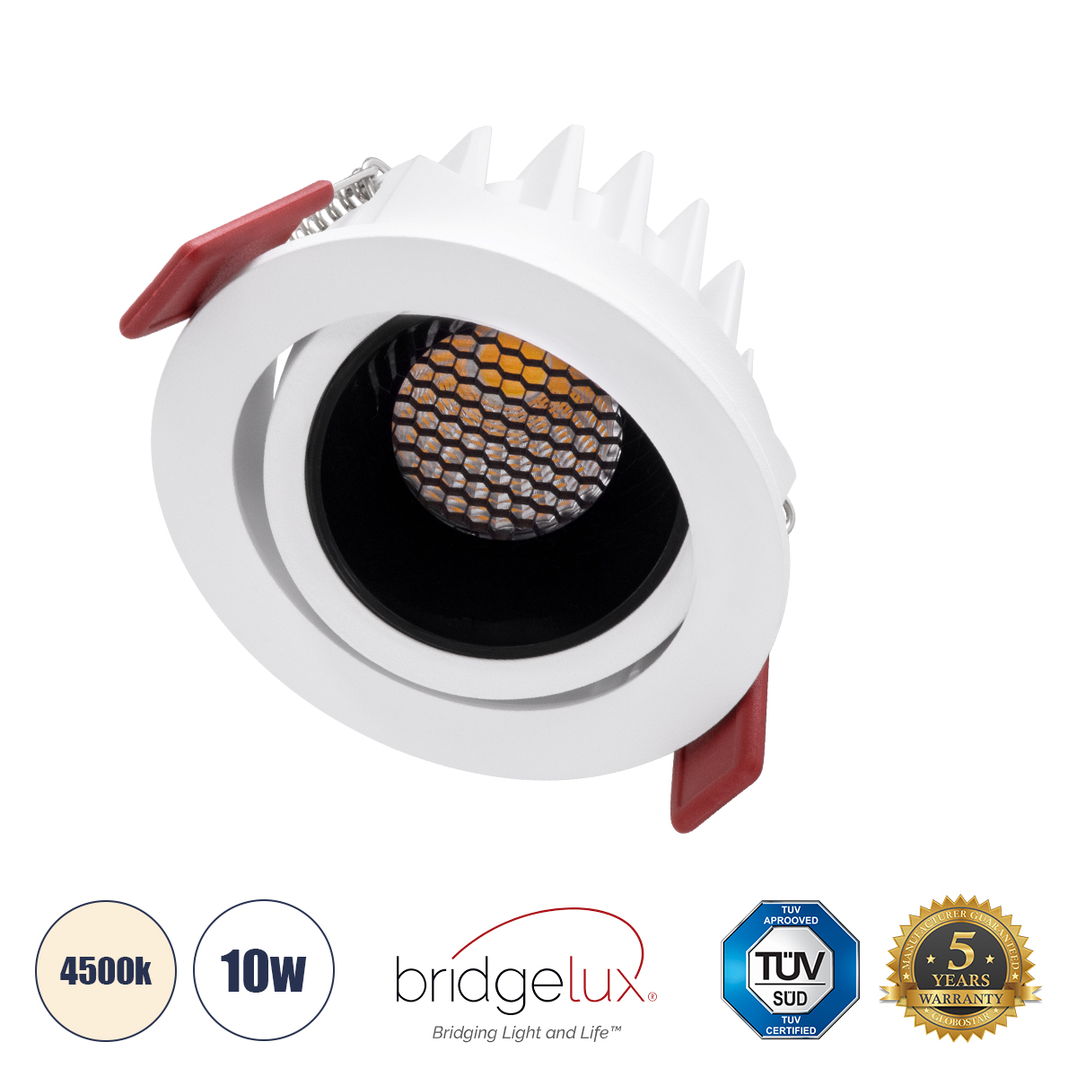 GloboStar® LEO-R 60282 Χωνευτό LED Spot Downlight TrimLess Φ8.5cm 10W 1300lm 38° AC 220-240V IP20 Φ8.5 x Υ6.6cm - Στρόγγυλο - Κινούμενο - Λευκό με Μαύρο Κάτοπτρο & Anti-Glare HoneyComb - Φυσικό Λευκό 4500K - Bridgelux COB - 5 Years Warranty - Image 2
