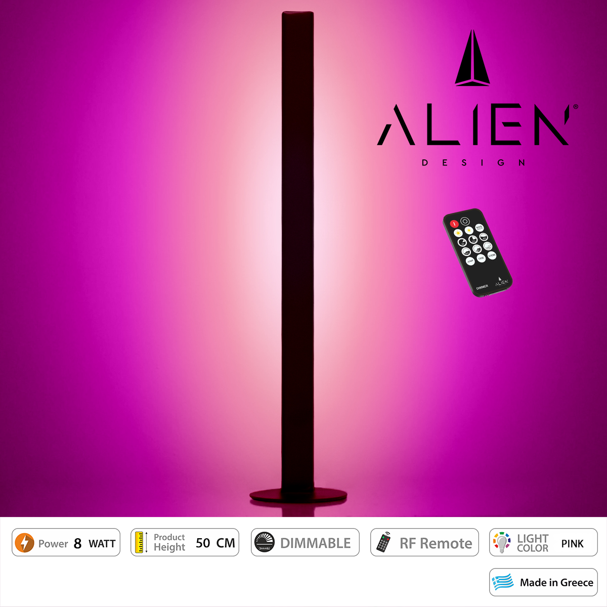 GloboStar® ALIEN-DIVA-BLACK-50-7 ALIEN Design DIVA Μοντέρνο Minimal Nordic Μεταλλικό Φωτιστικό Επιτραπέζιο - Πορτατίφ - Λαμπατέρ Μαύρο LED 8W 800 lm με Ασύρματο Χειριστήριο RF & Dimmer IP20 Ροζ Μ3 x Π1.6 x Υ50cm - Image 3