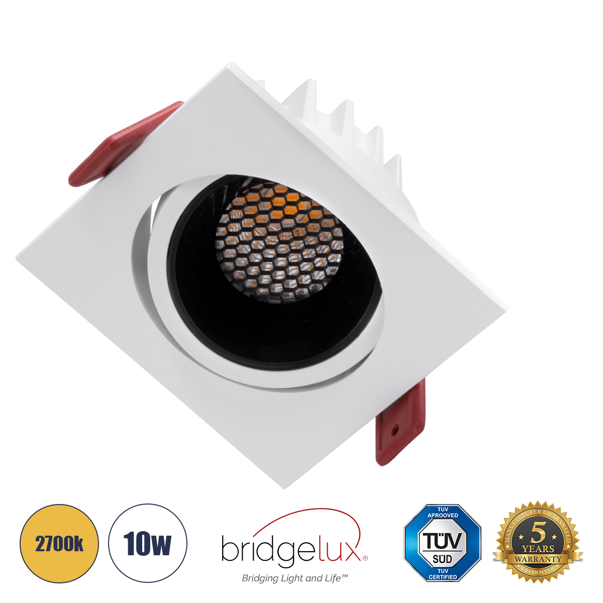 GloboStar® LEO-SQ 60289 Χωνευτό LED Spot Downlight TrimLess Μ8.5xΠ8.5cm 10W 1250lm 38° AC 220-240V IP20 Μ8.5 x Π8.5 x Υ6.6cm - Τετράγωνο - Κινούμενο - Λευκό με Μαύρο Κάτοπτρο & Anti-Glare HoneyComb - Θερμό Λευκό 2700K - Bridgelux COB - 5 Years Warranty - Image 2