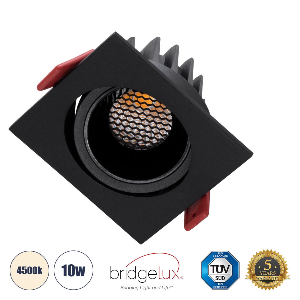 GloboStar® LEO-SQ 60292 Χωνευτό LED Spot Downlight TrimLess Μ8.5xΠ8.5cm 10W 1300lm 38° AC 220-240V IP20 Μ8.5 x Π8.5 x Υ6.6cm - Τετράγωνο - Κινούμενο - Μαύρο & Anti-Glare HoneyComb - Φυσικό Λευκό 4500K - Bridgelux COB - 5 Years Warranty - Image 2
