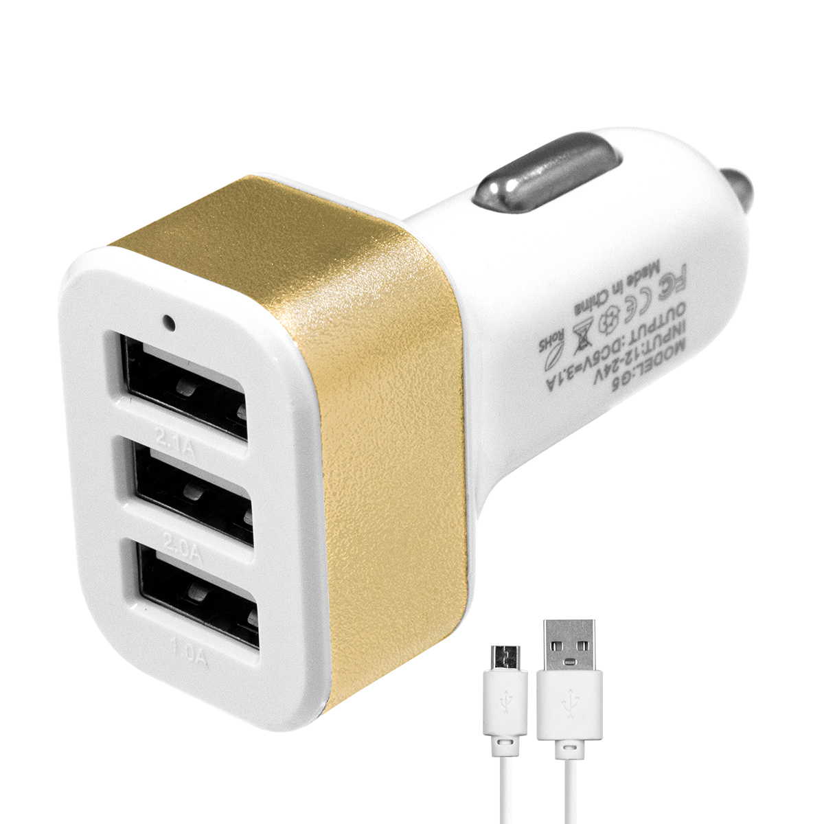 Globostar® 79505 Χρυσός Φορτιστής Αυτοκινήτου DC 12-24V με 3 Εξόδους USB DC 5V Max 3.1A 20W και Καλώδιο USB σε Type-C - Image 2