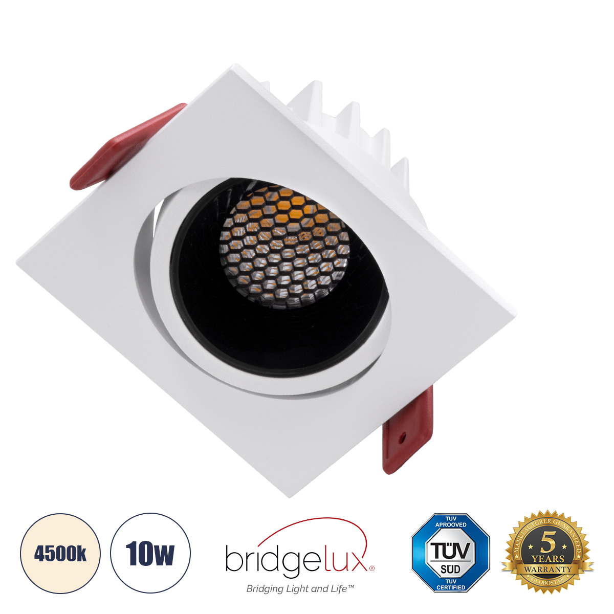 GloboStar® LEO-SQ 60288 Χωνευτό LED Spot Downlight TrimLess Μ8.5xΠ8.5cm 10W 1300lm 38° AC 220-240V IP20 Μ8.5 x Π8.5 x Υ6.6cm - Τετράγωνο - Κινούμενο - Λευκό με Μαύρο Κάτοπτρο & Anti-Glare HoneyComb - Φυσικό Λευκό 4500K - Bridgelux COB - 5 Years Warranty - Image 2