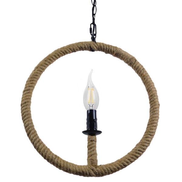 GloboStar® HUNTER 10001111 Vintage Industrial Κρεμαστό Φωτιστικό Οροφής Μονόφωτο Μαύρο Μεταλλικό με Μπεζ Σχοινί Φ33 x Y33cm - Image 2