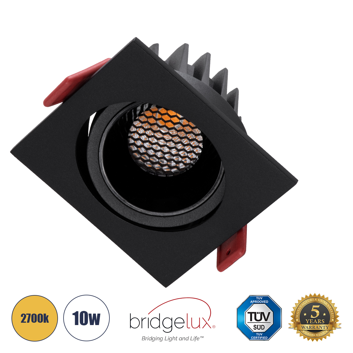 GloboStar® LEO-SQ 60293 Χωνευτό LED Spot Downlight TrimLess Μ8.5xΠ8.5cm 10W 1250lm 38° AC 220-240V IP20 Μ8.5 x Π8.5 x Υ6.6cm - Τετράγωνο - Κινούμενο - Μαύρο & Anti-Glare HoneyComb - Θερμό Λευκό 2700K - Bridgelux COB - 5 Years Warranty - Image 2