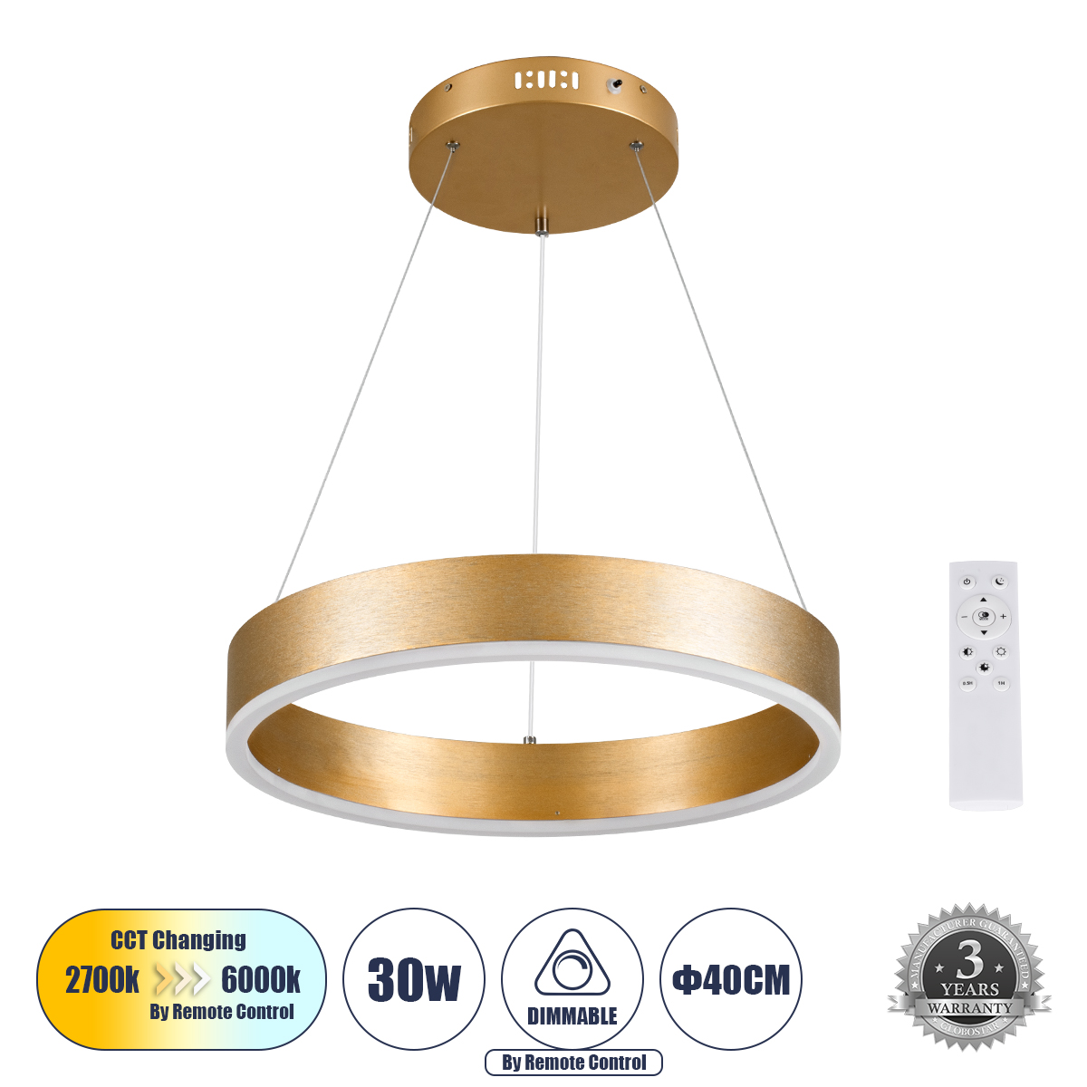 GloboStar® VENOM 61175 Κρεμαστό Φωτιστικό Δαχτυλίδι-Κύκλος LED CCT 30W 3513lm 120° AC 220-240V - Εναλλαγή Φωτισμού μέσω Τηλεχειριστηρίου All In One Ψυχρό 6000K+Φυσικό 4500K+Θερμό 2700K Dimmable Φ40cm - Χρυσό Βούρτσας - 3 Years Warranty - Image 2