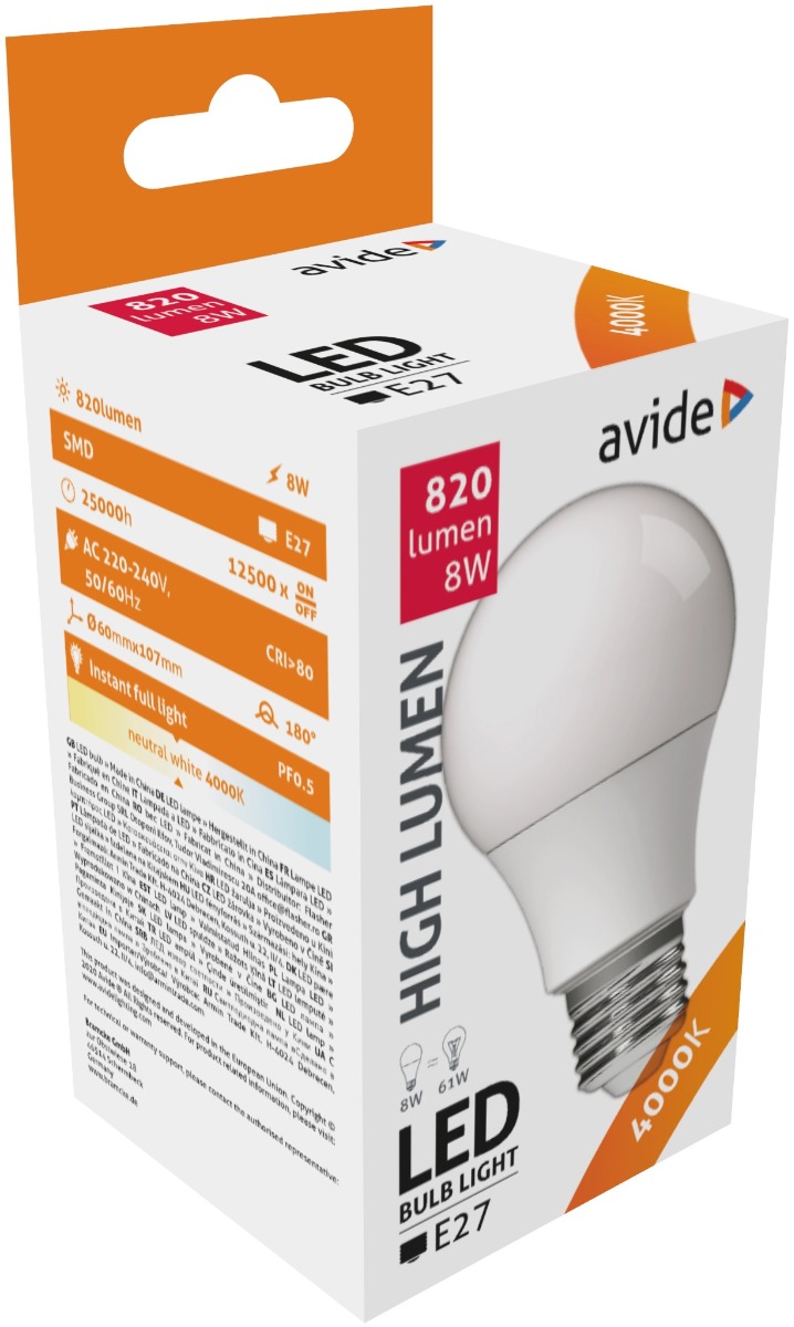Avide LED Κοινή A60 8W E27 Λευκό 4000K