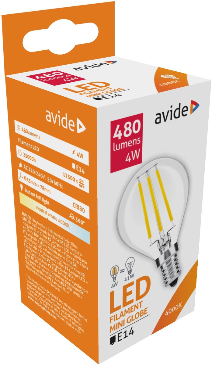 Avide LED Filament Σφαιρική 4W E14 360° Λευκό 4000K