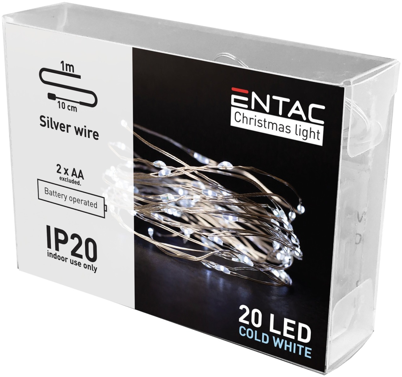 Entac Christmas Indoor Silver Wire 20 LED Light 6400K 1m (2AA excl.)