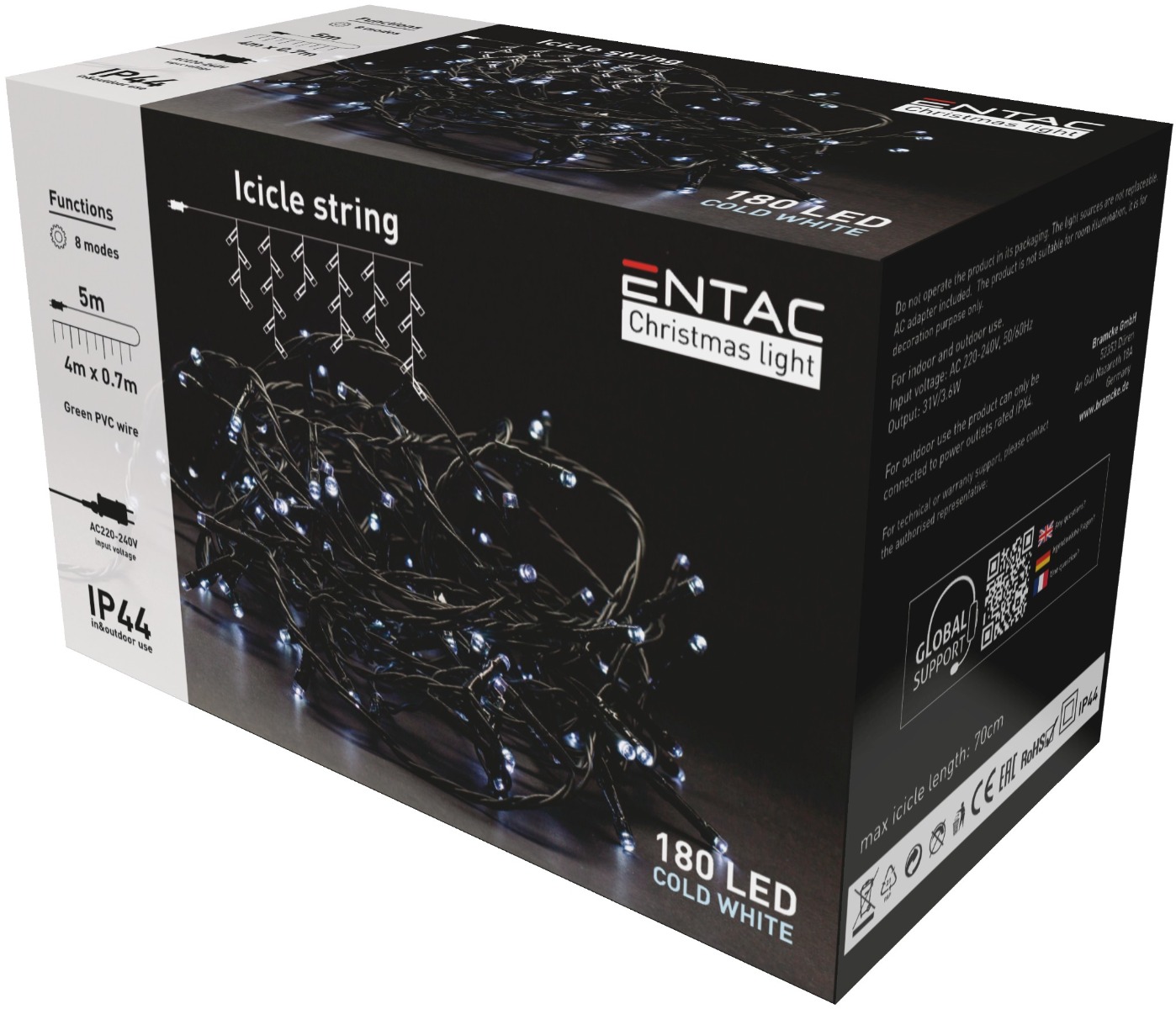 Entac Christmas IP44 180 LED Icicle Light 6400K 4m