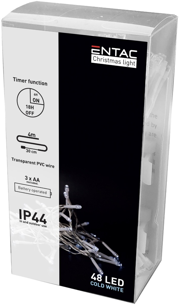 Entac Christmas IP44 48 LED Light with Timer 6400K 4m (3AA)