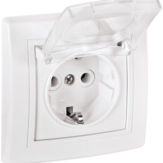 PRESTIGE Double-pole socket outlet with cover with polycarbonate insert, white