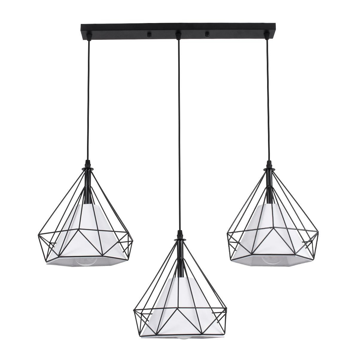 GloboStar® EIFFEL 61569 Vintage Κρεμαστό Φωτιστικό Οροφής Τρίφωτο 3 x E27 Μαύρο Μεταλλικό Πλέγμα με Λευκό Ύφασμα L68 x W25 x H130cm - Image 2