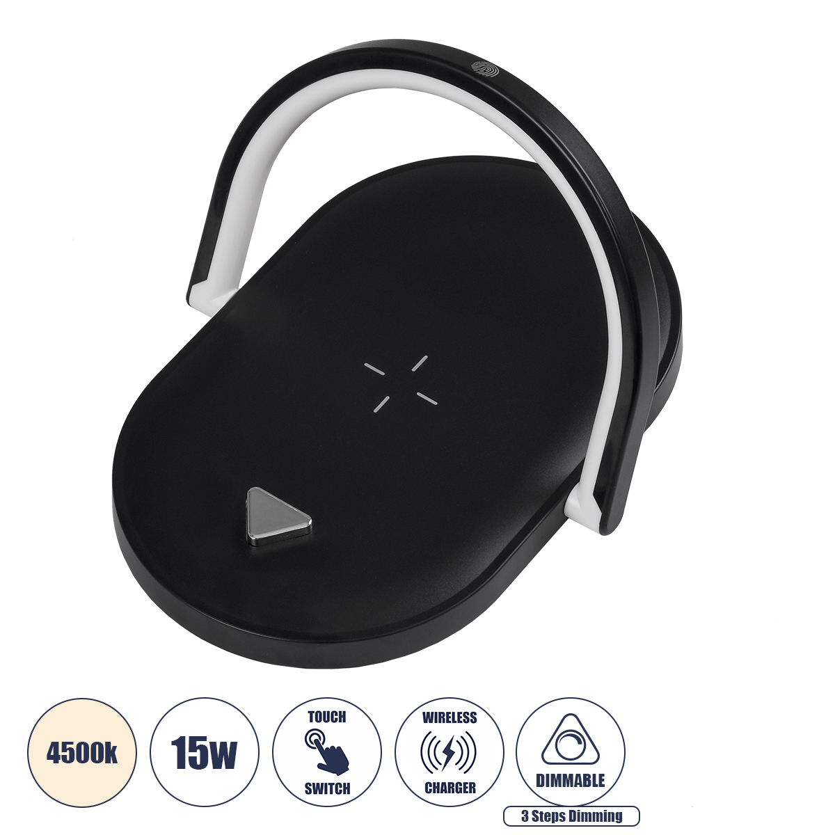 GloboStar® ECLIPSE 76558 Μοντέρνο Επιτραπέζιο Φωτιστικό Πορτατίφ LED 15W 1200lm 180° AC 230V - με Ασύρματη Φόρτιση - Wireless Charger - Διακόπτη Αφής με 3 Εντάσεις Φωτισμού Φυσικό Λευκό 4500K Dimmable - Μ17 x Π13 x Υ10 - Μαύρο - Image 2