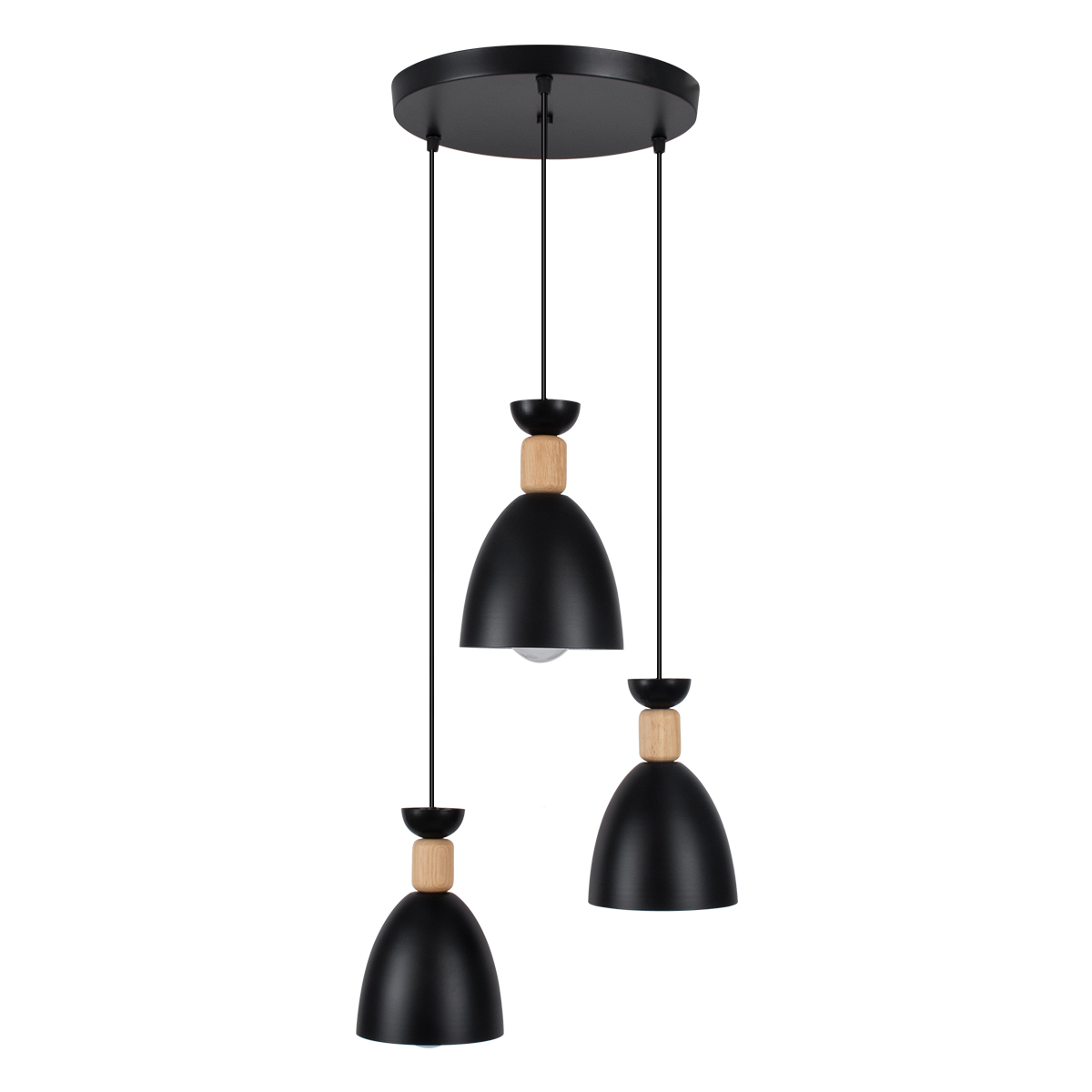 GloboStar® AVA 61572 Μοντέρνο Κρεμαστό Φωτιστικό Οροφής Τρίφωτο 3 x E27 Μαύρο Μεταλλικό Καμπάνα με Ξύλινη Λεπτομέρεια D35 x H130cm