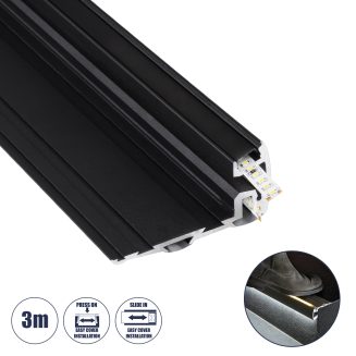 GloboStar® 70843-3M Προφίλ Αλουμινίου για Σκαλοπάτια Μαύρο με Μαύρο Οπάλ Κάλυμμα Up / Down για 2 Σειρές Ταινίας LED Πατητό - Press On με Αντιολισθητικό Ελαστικό Σιλικόνης 3 Μέτρα