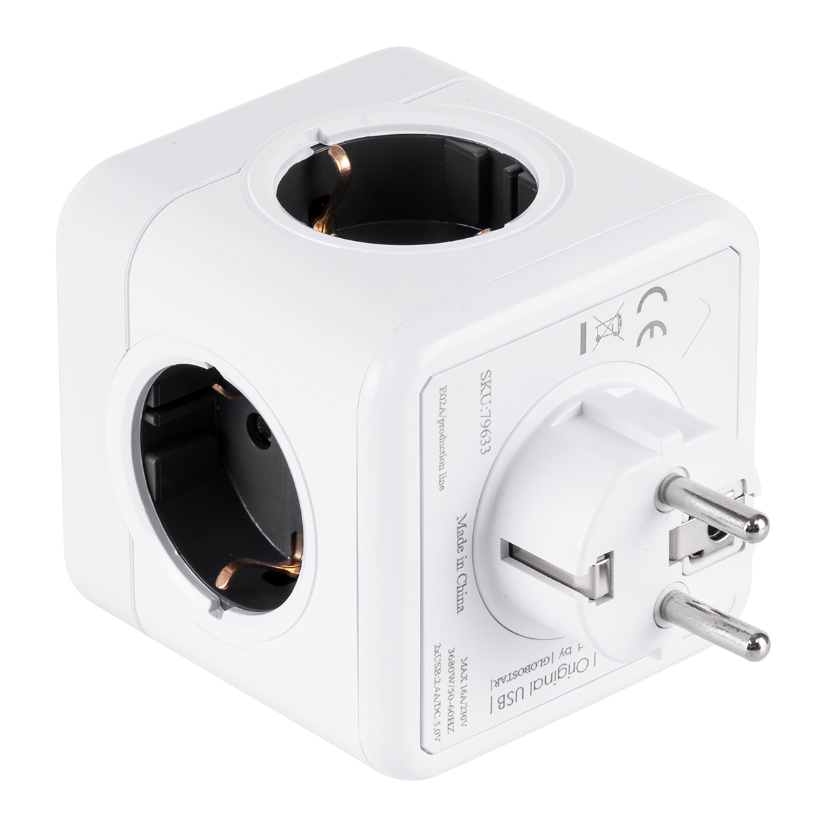 GloboStar® TRAVEL PowerCube PRO Certified 79633 Πολύπριζο 6 Θέσεων με 4 Πρίζες Ασφαλείας Childproof EU Schuko AC 220-240V & 2 Πρίζες USB Max 2.1A/DC 5V Μ7.5 x Π11.5 x Υ7.5 - Λευκό με Γκρι - Max Load 3680W/16A - Image 4