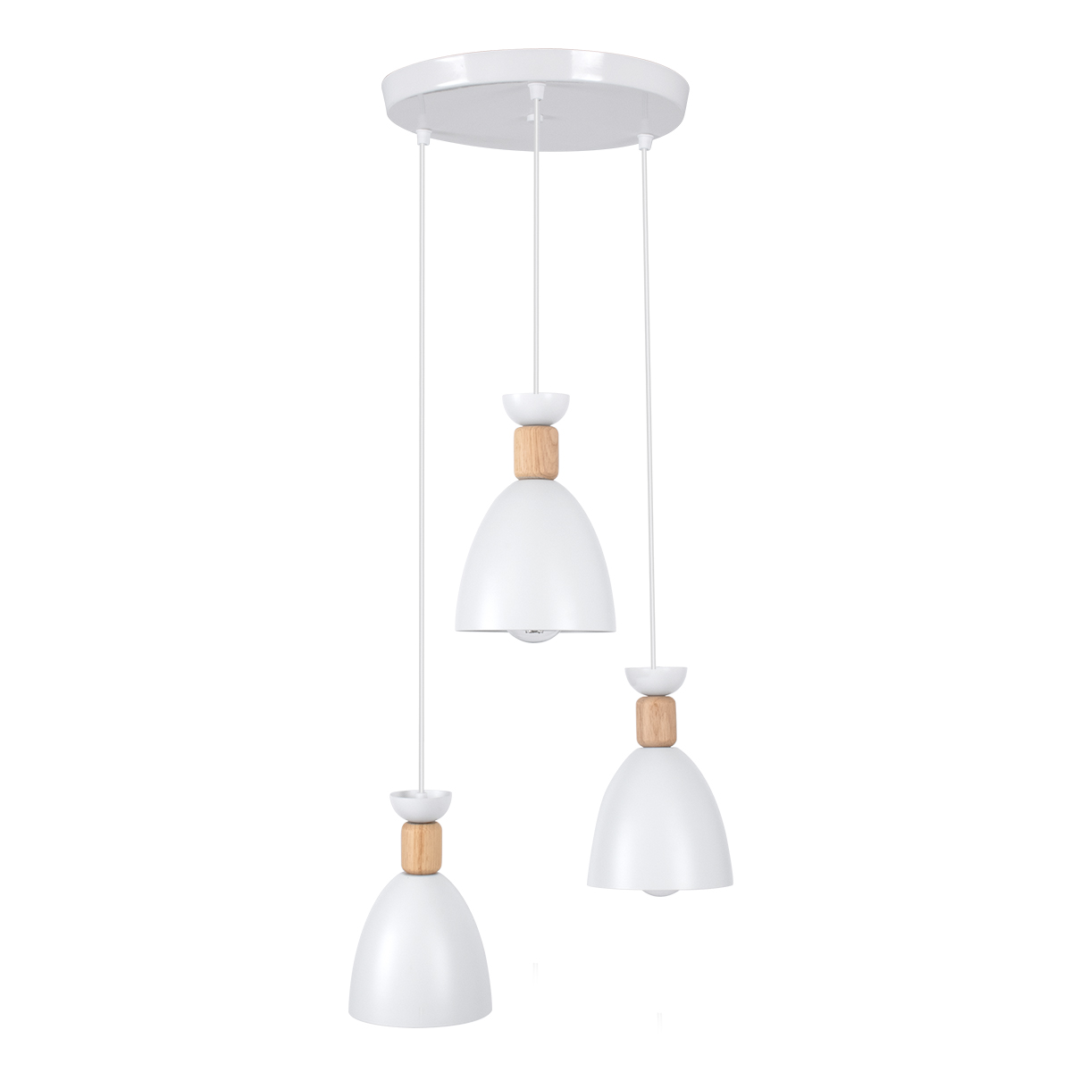 GloboStar® AVA 61573 Μοντέρνο Κρεμαστό Φωτιστικό Οροφής Τρίφωτο 3 x E27 Λευκό Μεταλλικό Καμπάνα με Ξύλινη Λεπτομέρεια D35 x H130cm - Image 2