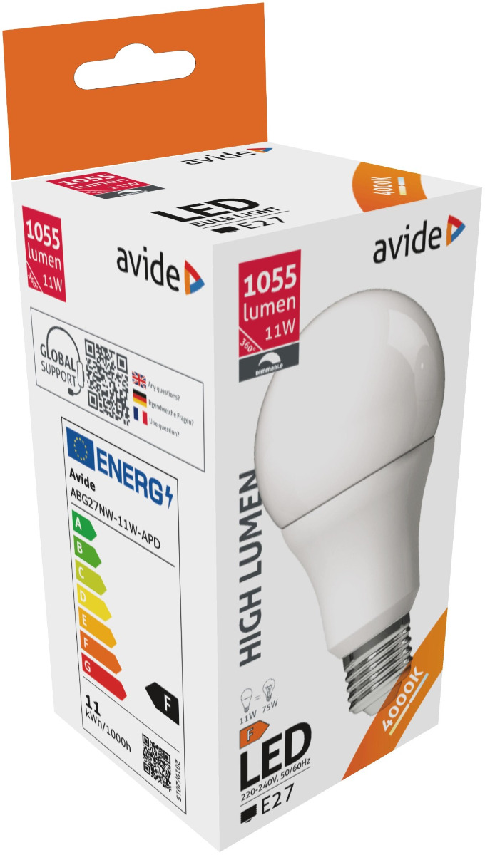 Avide LED Κοινή A60 11W E27 240° Λευκό 4000K Ντιμαριζόμενο