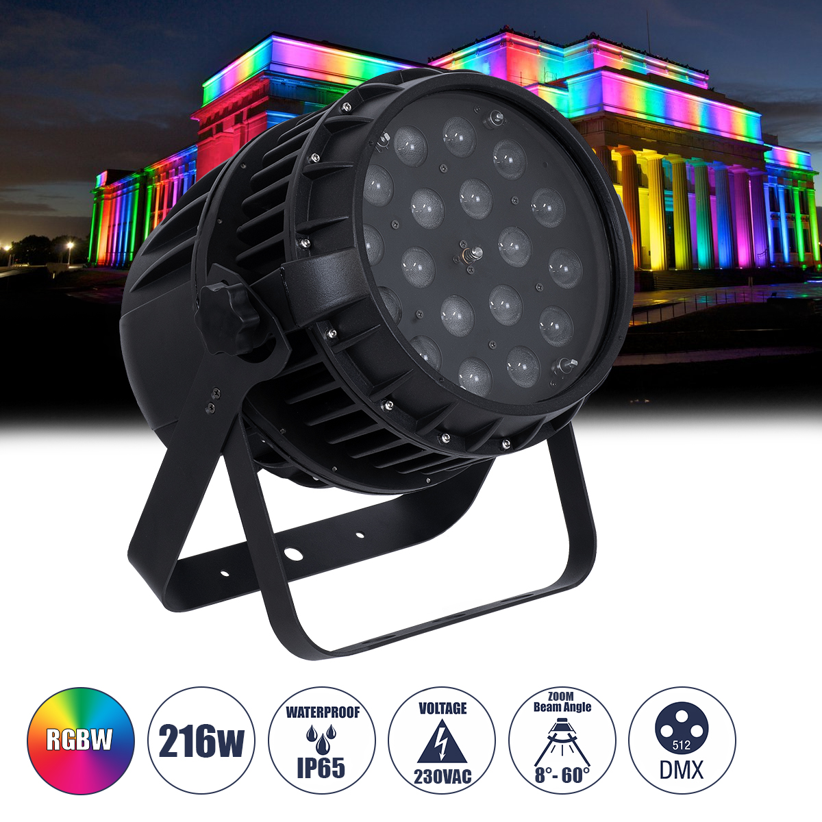 GloboStar® 51114 MINOTAUR Επαγγελματική Κεφαλή PAR DMX512 216W AC 230V 4in1 BEAM - WASH - SPOT - ZOOM 8° - 60° OSRAM LED Αδιάβροχη IP65 RGBW - Μαύρο - L24.8 x W28 x H37cm - Image 2