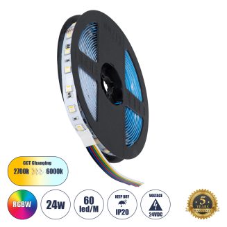 GloboStar® 70263 Ταινία LED SMD 5050 RGBW + WW 5in1 5m 24W/m 60LED/m 120° DC 24V IP20 2400lm/m Πολύχρωμη RGB - Ψυχρό Λευκό 6000K - Φυσικό Λευκό 4500K - Θερμό Λευκό 2700K - 5 Χρόνια Εγγύηση
