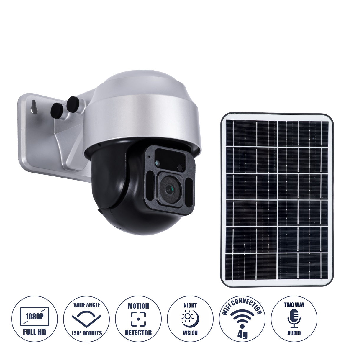 GloboStar® 86054 Αυτόνομη Ηλιακή Camera 1080P 2MP 4G SIM CARD WiFi 150° Μπαταρία 3200mAh Φωτοβολταϊκό Πάνελ Αισθητήρα Ημέρας-Νύχτας & Ρύθμιση Χρόνου Διπλή Κατέυθυνση Ομιλίας Αδιάβροχη IP66 Ψυχρό Λευκό 6000K - Ασημί