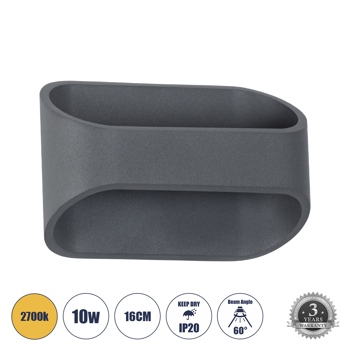GloboStar® EDEN 60668 Φωτιστικό Τοίχου - Απλίκα Αρχιτεκτονικού Φωτισμού Εσωτερικού Χώρου Up & Down LED 10W 950lm 60° AC 220-240V IP20 Μ16 x Π10.5 x Υ9cm - Θερμό Λευκό 2700K - Γκρι Ανθρακί - Bridgelux Chip - 3 Years Warranty - Image 2