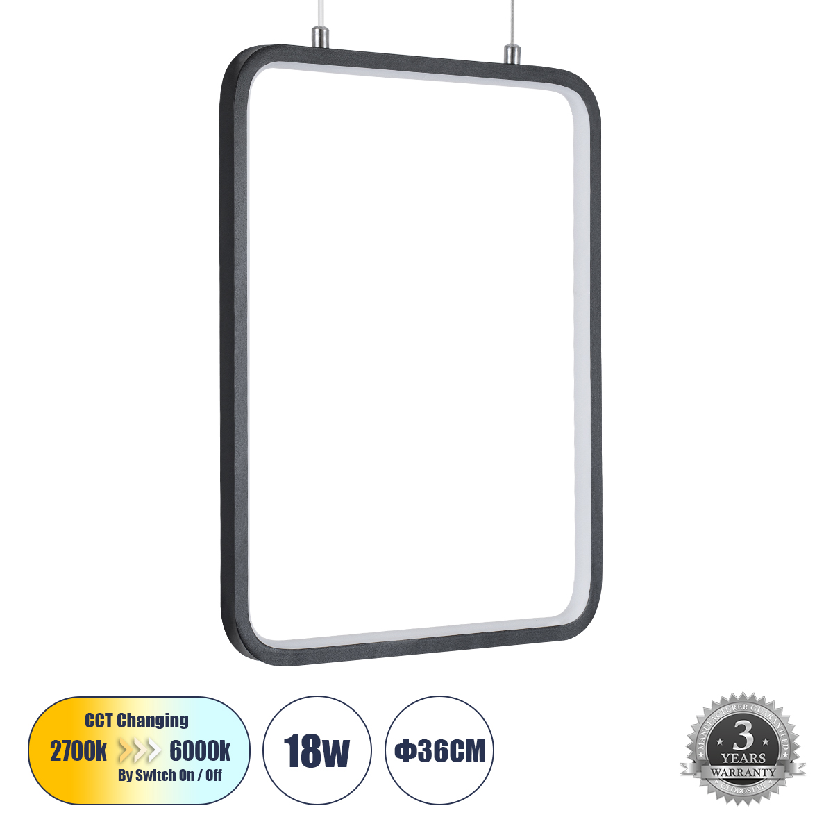 GloboStar® NEROBA 61302 Κρεμαστό Φωτιστικό Οροφής Linear Design LED CCT 18W 1980lm 360° AC 220-240V - Εναλλαγή Φωτισμού μέσω Διακόπτη On/Off All In One Ψυχρό 6000k+Φυσικό 4500k+Θερμό 2700k Μ29 x Π2 x Υ36cm - Μαύρο - 3 Years Warranty - Image 2