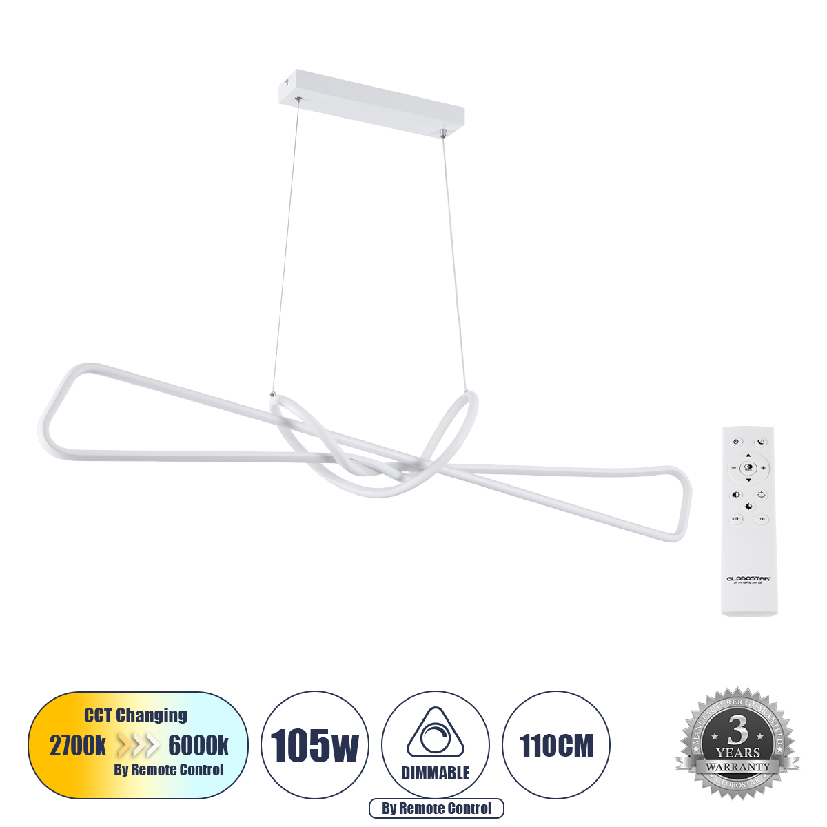 GloboStar® DOLORES 61280 Κρεμαστό Φωτιστικό Οροφής Design LED CCT 105W 11760lm 300° AC 220-240V - Εναλλαγή Φωτισμού μέσω Τηλεχειριστηρίου All In One Ψυχρό 6000k+Φυσικό 4500k+Θερμό 2700k Dimmable Μ110 x Π17 x Υ17.5cm - Λευκό - 3 Years Warranty - Image 2