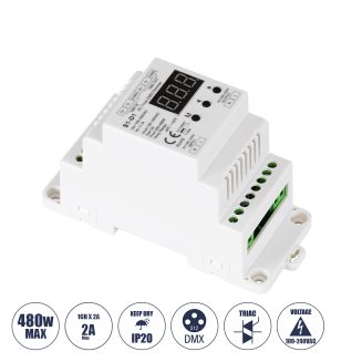 GloboStar® 70672 S1-D1 AC Triac DMX Dimmer Din Rail Ράγας 1 Καναλιού AC 100-240V 1 x 2A 480W - Max 2A 480W - IP20 DMX512 Μ11.5 x Π5 x Υ6.5cm - 5 Years Warranty