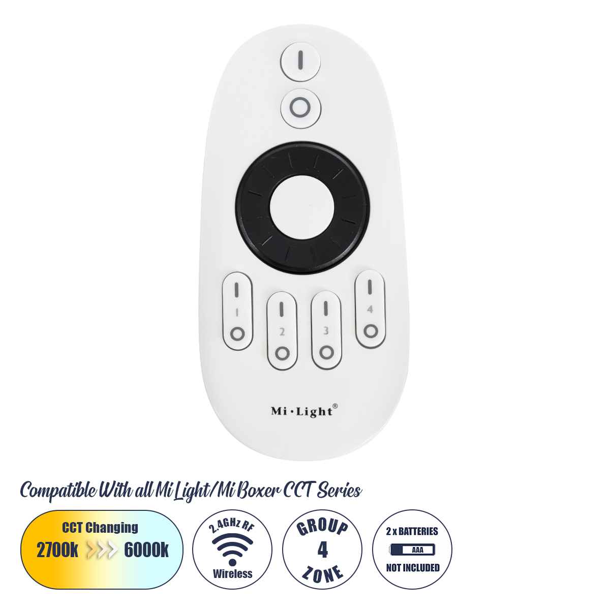 GloboStar® 71402 FUT006 Ασύρματο Χειριστήριο 2.4Ghz 4 Group για όλα τα Controller CCT & Μονόχρωμα Mi Light & Mi Boxer DC 3V 2 x AAA - IP20 Μ10.8 x Π5.4 x Υ2cm - 5 Years Warranty