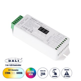 GloboStar® 71423 DL-X DC DALI & Push Dimming 5 in 1 Dimmer High Speed Controller 5 Καναλιών DC 12-24V 5 x 6A 144W - Max 20A 480W - IP20 RGBW+WW Μ13 x Π5 x Υ2.5cm - 5 Years Warranty