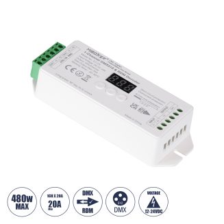GloboStar® 71424 D1-CX DC DMX & RDM Dimmer High Speed Controller / Decoder 1 Καναλιού DC 12-24V 1 x 20A 480W - Max 20A 480W - IP20 DMX512 Μ13 x Π5 x Υ2.5cm - 5 Years Warranty