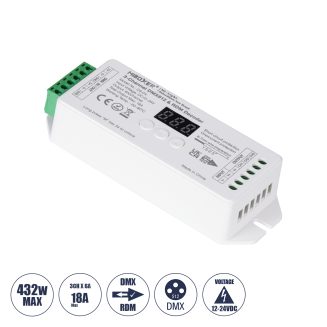 GloboStar® 71425 D3-CX DC DMX & RDM Dimmer High Speed Controller / Decoder 3 Καναλιών DC 12-24V 3 x 6A 144W - Max 18A 432W - IP20 DMX512 Μ13 x Π5 x Υ2.5cm - 5 Years Warranty
